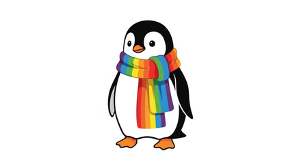 Obraz premium A cute penguin wearing a colorful rainbow scarf, , symbolizing pride, diversity, and winter fashion statement
