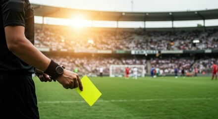 A referee holding a yellow card during a soccer match, with the stadium in the background.