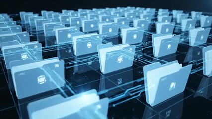 Digital Data Folders Network Interconnection. Abstract concept of big data, cloud computing, information storage, and secure server management in a futuristic technological environment.