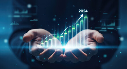 Fototapeta premium Projected Growth 2024 Hands Holding Rising Bar Graph Representing Business Success and Financial Increase in the Upcoming Year with Glowing Effect