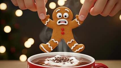 Funny scared gingerbread cookie with a terrified face hovers over hot cocoa cup amid cozy Christmas lights. - Powered by Adobe