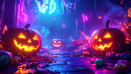 Abstract mix of spooky Halloween candy with creepy textures, glowing pumpkins, and eerie neon lights, playful yet scary background. No people, no text, no watermark.