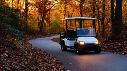 Obraz premium Golf cart navigating a winding path through vibrant autumn woods with fallen leaves and warm light