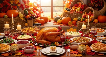 A lavish Thanksgiving feast showcasing a golden turkey, accompanied by harvest vegetables and autumn foliage adorn the