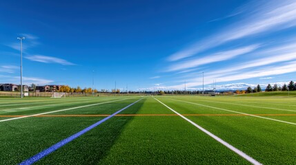 Obraz premium Expansive view of a vibrant sports field under a clear blue sky with distant mountains and trees