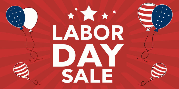 Create a vibrant Labor Day Sale banner. Use a bold red background with starburst or radial light effects. Include the text 'LABOR DAY SALE' in large, bold white letters at the center. Surround the tex