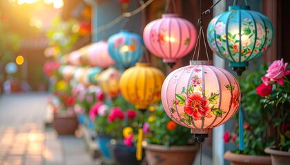 Traditional Vietnamese colorful lanterns and beautiful flowers in pots in the street in sunlight. 