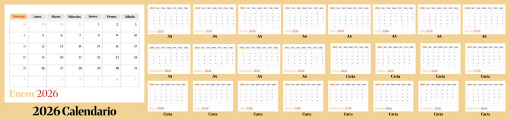 Template of 2026 Spanish Calendar with A4 and letter format size.week start on Sunday.Sunday as weekend.Desk calendar 2026 on landscape or Horizontal design.