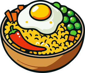 Spicy Fried Rice Bowl with Egg and Chili Vector – Colorful Asian Cuisine Food Illustration