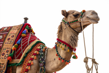 Camel adorned with colorful tassels and beads isolated on a transparent background