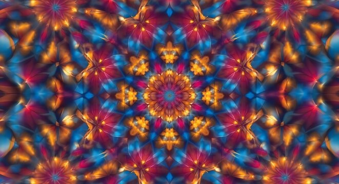 Abstract kaleidoscopic dreamscape with vibrant floral patterns and luminous hues radiating from the central point - Powered by Adobe