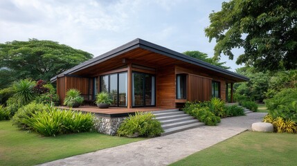 A contemporary wooden house with large windows, set in a vibrant garden. The scene conveys tranquility and harmony with nature.