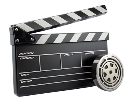 Clapper board with film reel on white background isolated on a transparent background - Powered by Adobe
