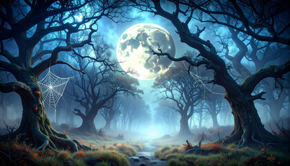 Fototapeta premium Dark gothic forest with glowing full moon, twisted tree branches, cobweb textures, and eerie fog, Halloween fantasy abstract background. No people, no text, no watermark.
