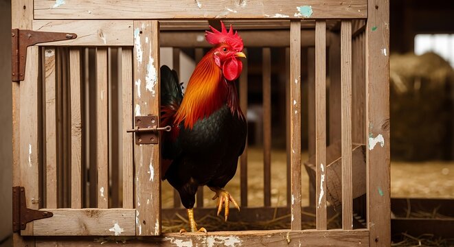 A vibrant rooster exhibiting its majestic plumage while confined in a rustic wooden enclosure on a farm environment - Powered by Adobe