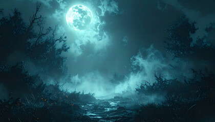 Fototapeta premium Dark misty Halloween background with mysterious shadows, glowing moonlight breaking through fog, abstract creepy atmosphere. No people, no text, no watermark.