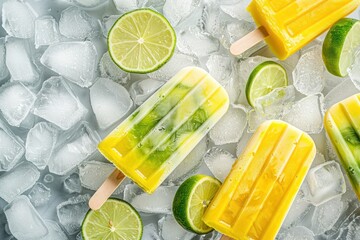 Refreshing lime popsicles on ice cubes, a cool summer treat with citrus flavors and a vibrant, icy texture