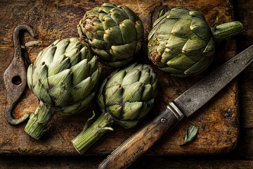 Obraz premium Fresh Green Artichokes on Rustic Wooden Cutting Board with Knife