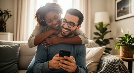 Obraz premium A joyful couple enjoying the moment together, gazing at a phone screen, filled with smiles and happiness. The scene is one of warmth and togetherness