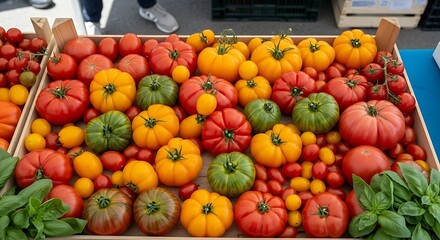 Assorted heirloom tomatoes crate, vibrant multicolored harvest displaying garden freshness and ripeness for culinary