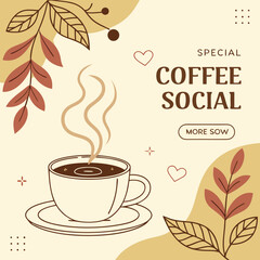 Vector illustration of a hot coffee cup with steam and decorative leaves. Perfect for café branding, menu design, posters, packaging, and social media promotions