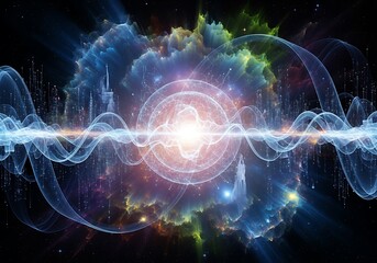 Obraz premium Abstract visualization with digital wave patterns and cosmic nebulosity