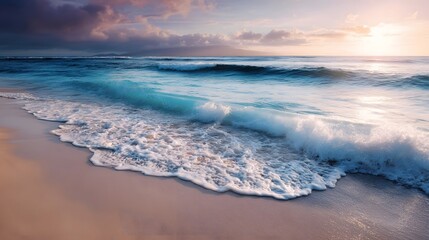 Serene beach with gentle ocean waves under a golden hour sky