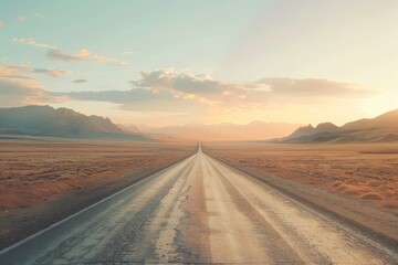 Fototapeta premium A long straight road stretches into the distance under a pastel sky, promising adventure and a sense of freedom