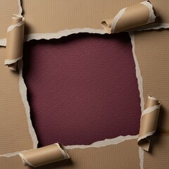 Torn cardboard with curled edges revealing a textured burgundy background