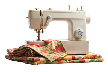 Cream sewing machine with folded floral fabric isolated on a transparent background