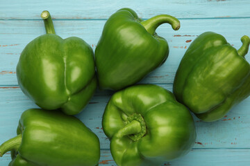 Macro Photo food vegetable green bell peppers on blue background. Space for text