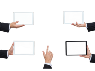 Four hands holding digital tablets displaying blank screens in a row isolated on transparent background