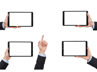 Hands holding tablets four different ways with isolated fingers pointing and tapping isolated on transparent background