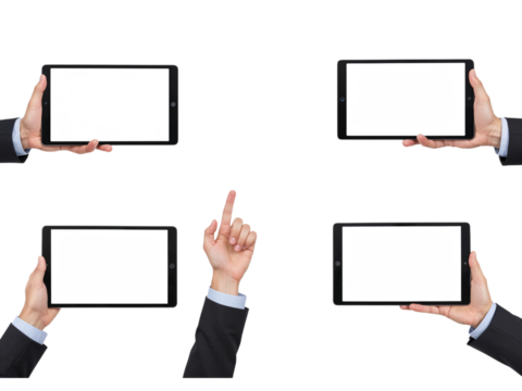 Hands holding tablets four different ways with isolated fingers pointing and tapping isolated on transparent background