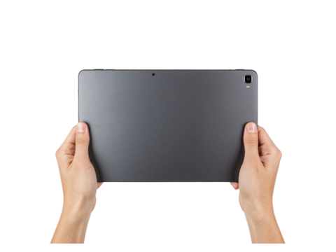 Hands hold modern gray tablet device technology communication gadget digital device isolated on transparent background - Powered by Adobe