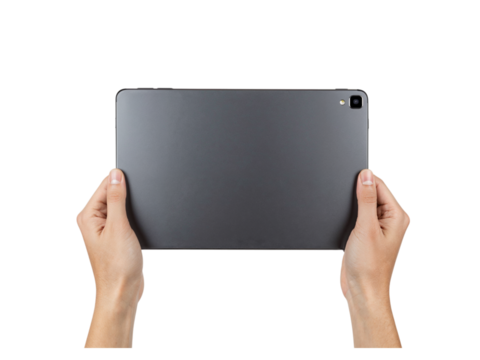 Hands hold modern gray tablet device displaying connectivity options in studio lighting isolated on transparent background