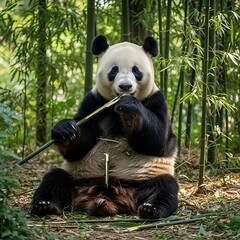 Obraz premium Captivating giant panda portrait in bamboo forest, showcasing its unique charm and natural habitat environment