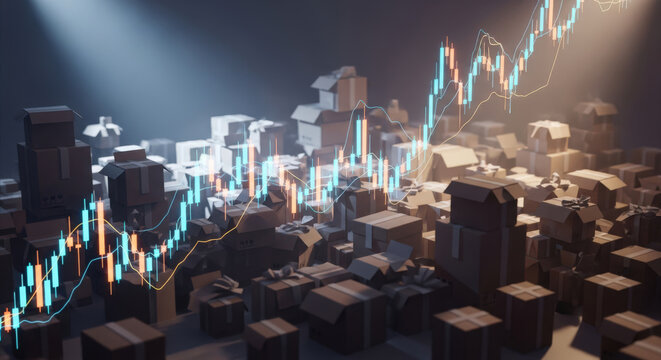 Supply Chain Dynamics and Market Trends A Visual Representation of Boxes and Rising Charts Illustrating Logistics, Distribution, and Economic Fluctuations