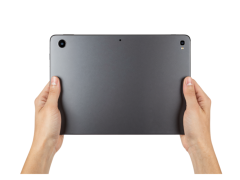Hands holding gray tablet device displaying digital information and technology isolated on transparent background