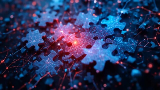Puzzle pieces on a digital background symbolize the modular and interconnected nature of microservices architecture. 4k video