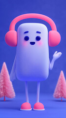 3D cute character with headphones. Cartoon mascot listening to music or podcast.