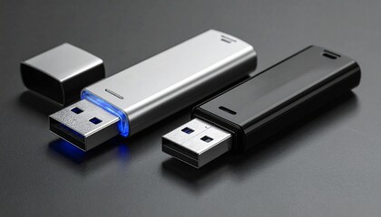 Two USB flash drives on dark surface, one glowing blue.