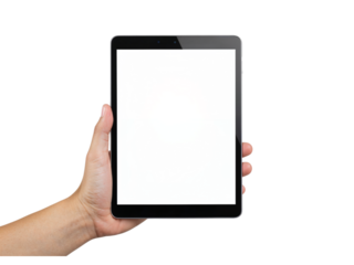 Hand holding digital tablet device with blank white screen for content display isolated on transparent background