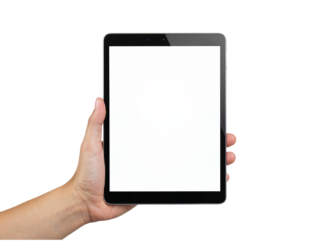 Hand holding digital tablet device with blank white screen for content display isolated on transparent background