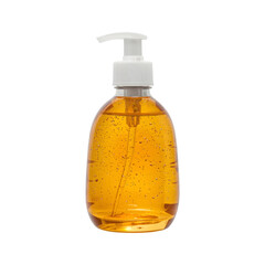 A bottle of amber liquid soap with a pump dispenser.