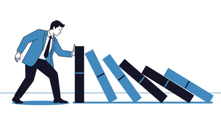 Business resilience illustrated with a businessman stopping dominoes from falling down
