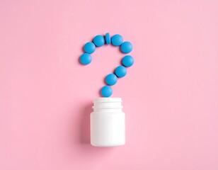 Question mark formed from blue pills over a white bottle