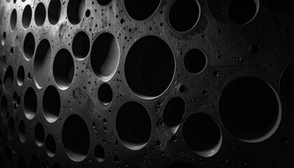 Abstract black surface with circular indentations and dramatic lighting.