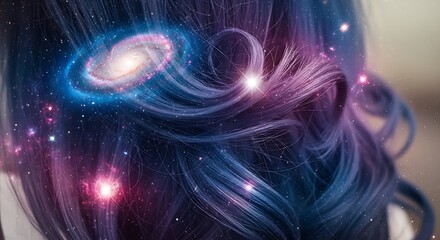 Fototapeta premium Cosmic Hair: An artistic depiction of intergalactic wonder within flowing dark blue and purple locks evokes mystery