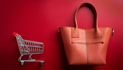 shopping cart handbag tote bag red background online shopping concept